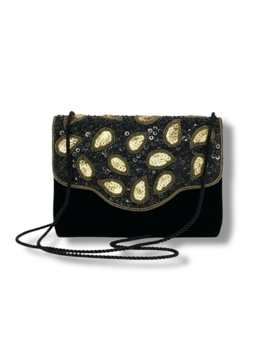 Vintage 80s Black Velvet Beaded Sequin Paisley Evening Bag Handmade Purse